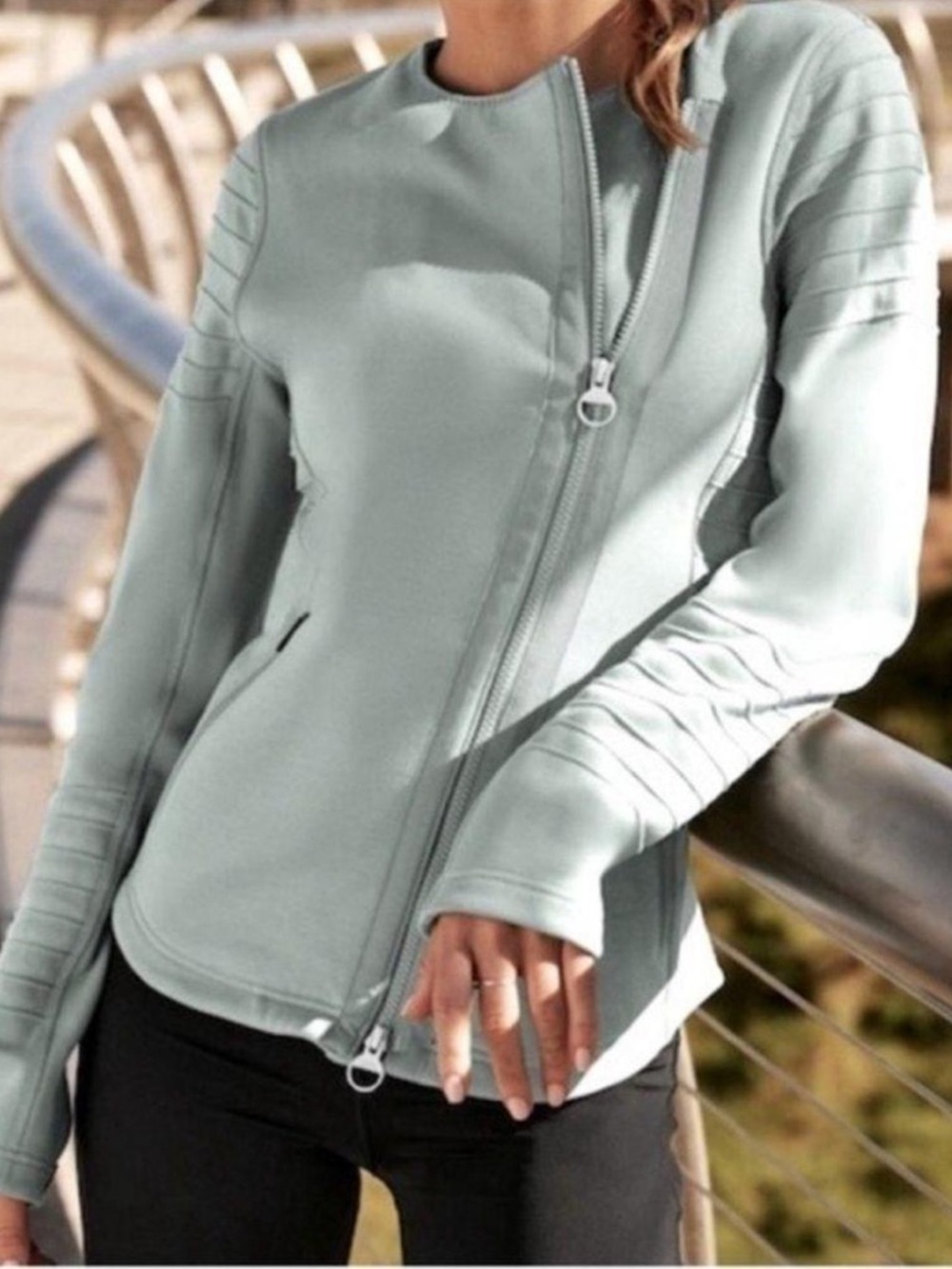 Athleta SoftTech Asymmetric Zip Moto Jacket in Jasper Green size small